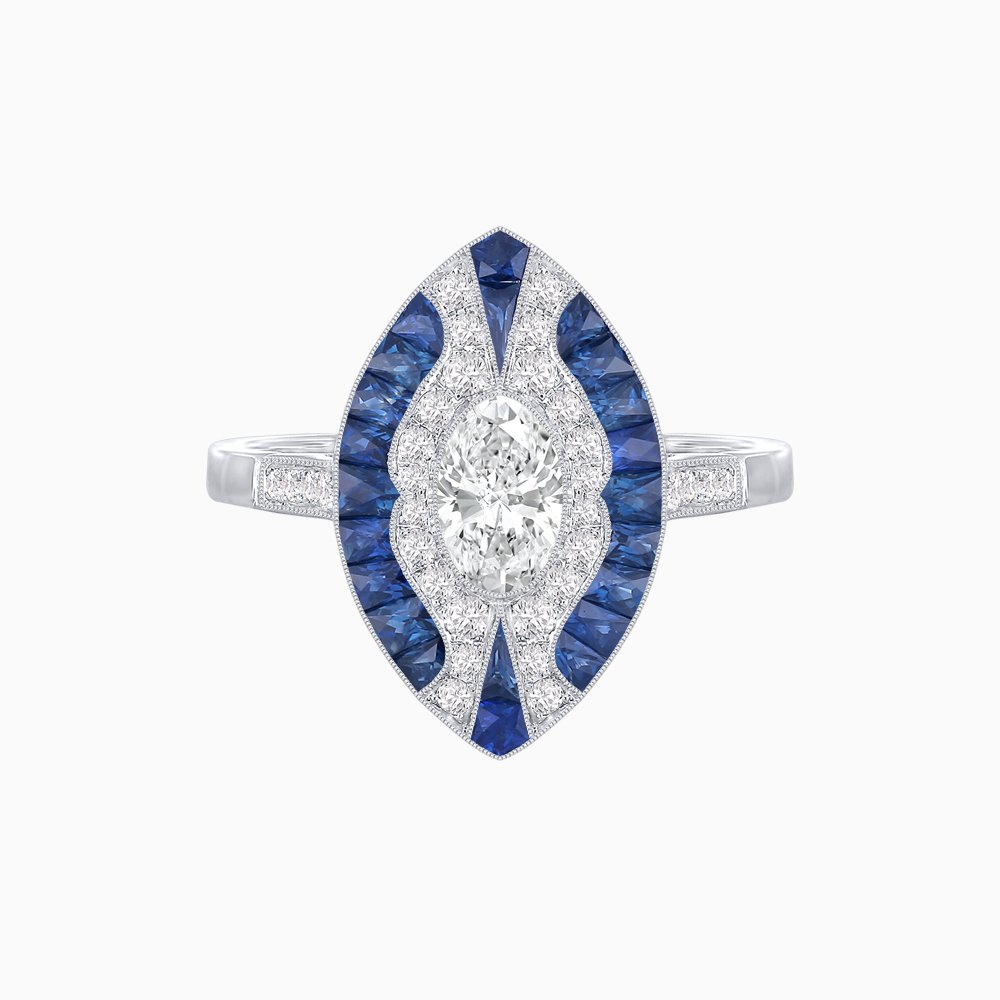 Art Deco Style Oval Center Clover Ring with Diamond - Shahin Jewelry