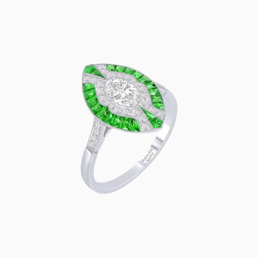 Art Deco Style Oval Center Clover Ring with Diamond - Shahin Jewelry