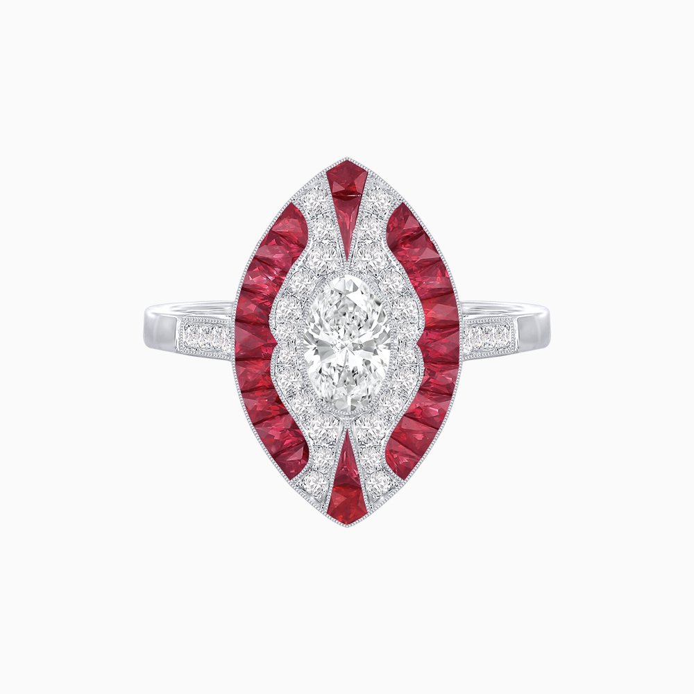 Art Deco Style Oval Center Clover Ring with Diamond - Shahin Jewelry