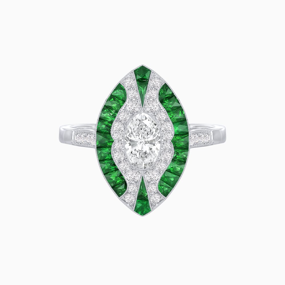 Art Deco Style Oval Center Clover Ring with Diamond - Shahin Jewelry