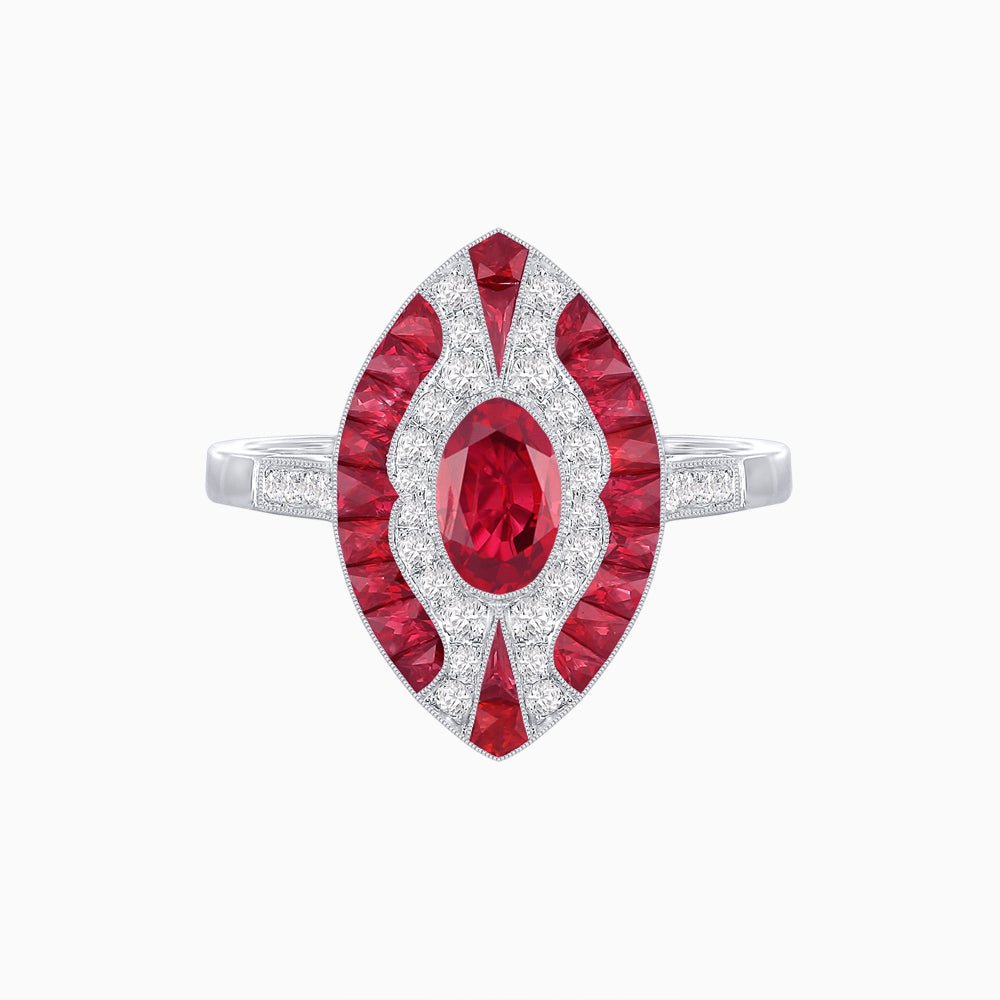Art Deco Style Oval Center Clover Ring with Gemstone - Shahin Jewelry