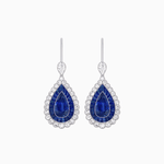 Load image into Gallery viewer, Art Deco–Inspired Double Halo Pear - Shaped Drop Earrings with Diamond and Gemstones Mounting - Shahin Jewelry