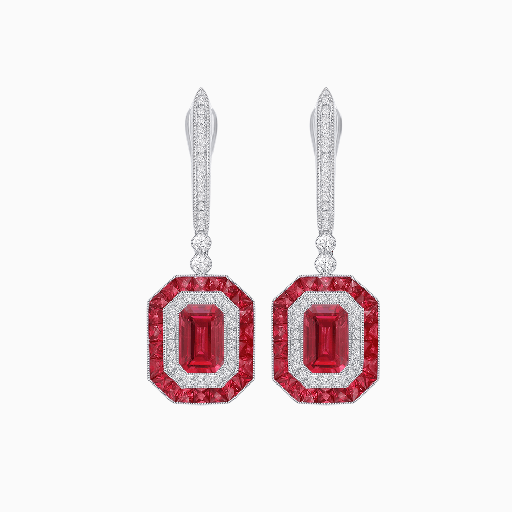 Art Deco–Inspired Mounting Emerald Cut Drop Earrings with Diamonds and Gemstones - Shahin Jewelry