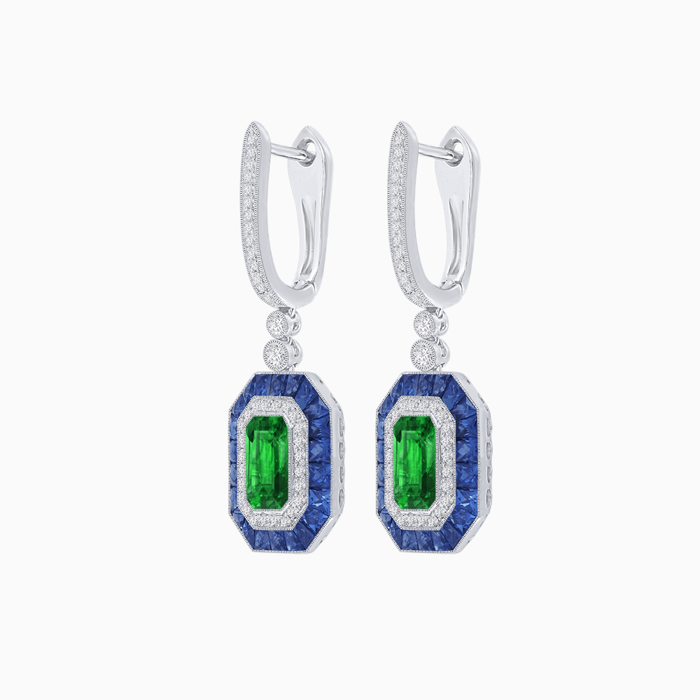 Art Deco–Inspired Mounting Emerald Cut Drop Earrings with Diamonds and Gemstones - Shahin Jewelry