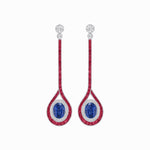 Load image into Gallery viewer, Ballroom Double Halo Dangle Earrings , Oval Mounting with Diamond and Gemstone - Shahin Jewelry