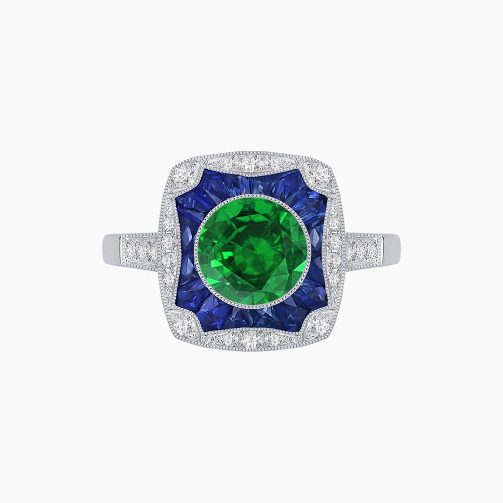 Cushion Shape Art Deco Inspired Halo Ring with Diamond and Gemstone - Shahin Jewelry