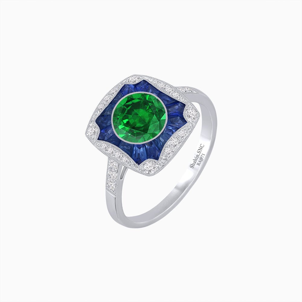 Cushion Shape Art Deco Inspired Halo Ring with Diamond and Gemstone - Shahin Jewelry