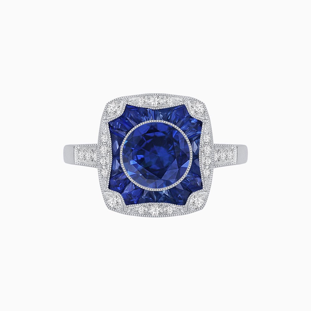 Cushion Shape Art Deco Inspired Halo Ring with Diamond and Gemstone - Shahin Jewelry