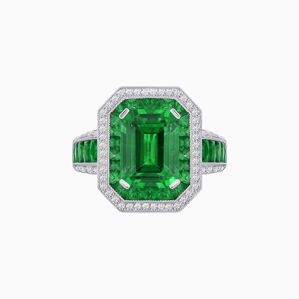 Emerald - Cut Art Deco Style Radiance Mounting Ring with Diamond and Gemstones - Shahin Jewelry