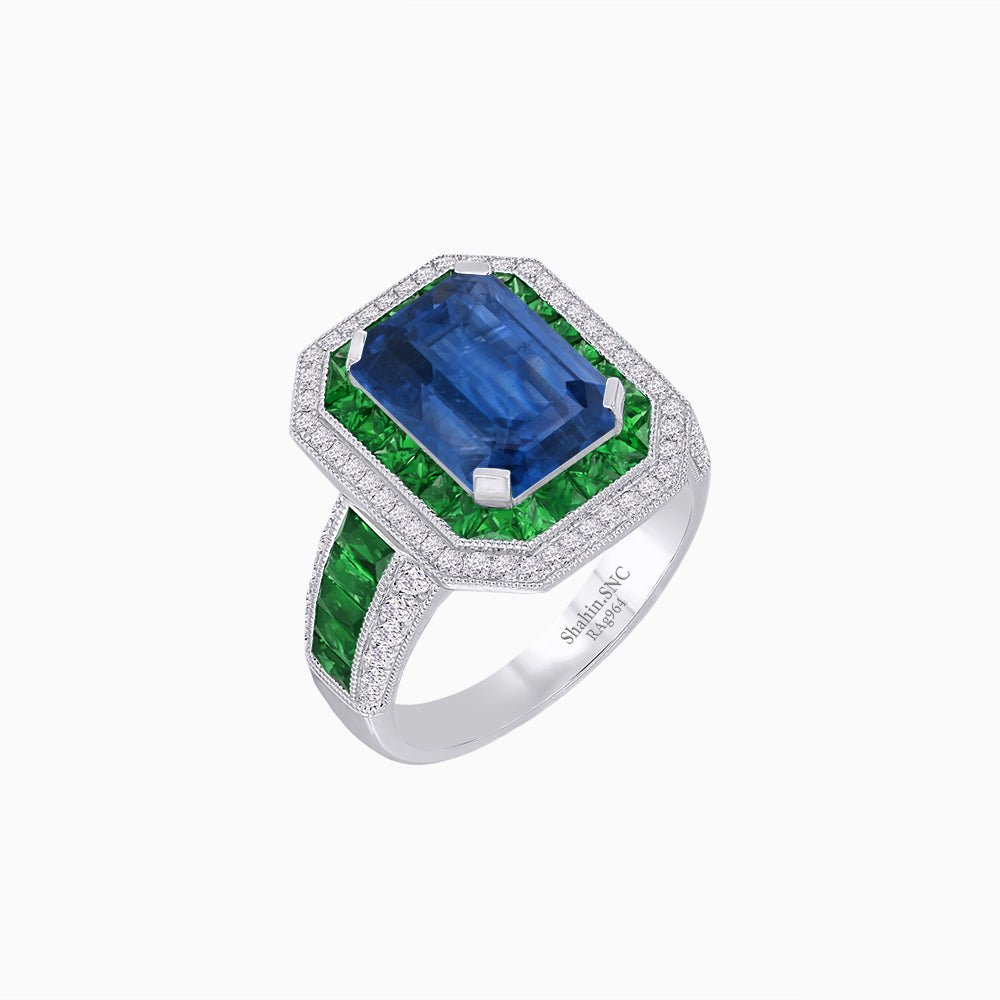 Emerald - Cut Art Deco Style Radiance Mounting Ring with Diamond and Gemstones - Shahin Jewelry