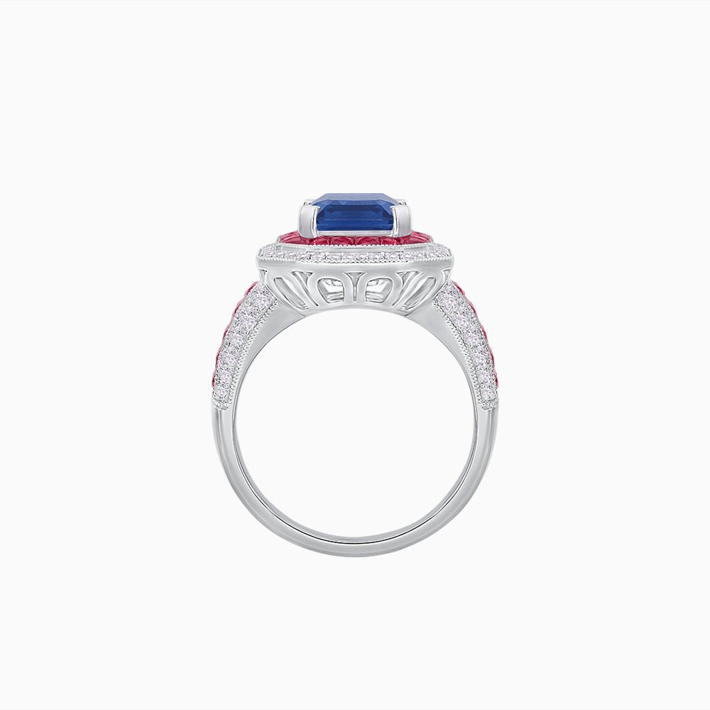 Emerald - Cut Art Deco Style Radiance Mounting Ring with Diamond and Gemstones - Shahin Jewelry