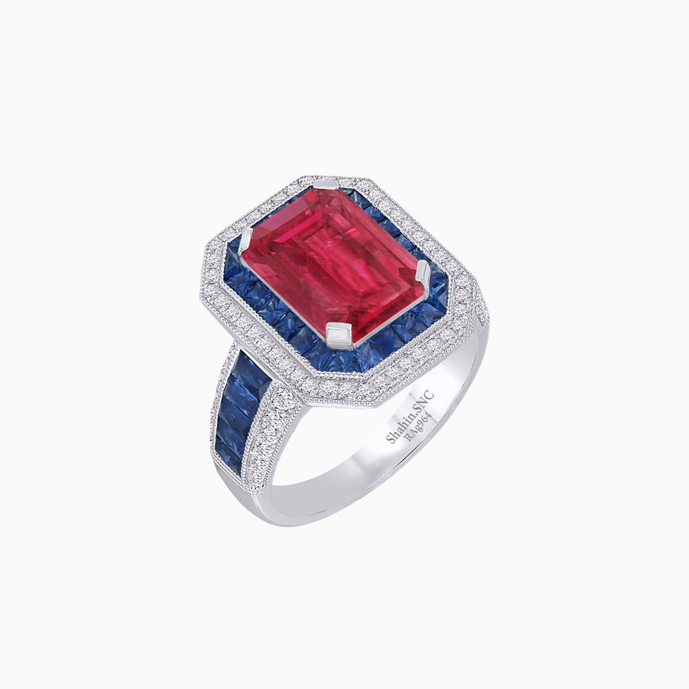 Emerald - Cut Art Deco Style Radiance Mounting Ring with Diamond and Gemstones - Shahin Jewelry