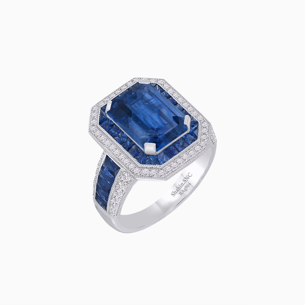 Emerald - Cut Art Deco Style Radiance Mounting Ring with Diamond and Gemstones - Shahin Jewelry
