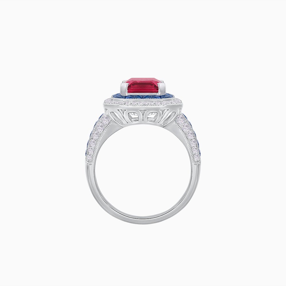 Emerald - Cut Art Deco Style Radiance Mounting Ring with Diamond and Gemstones - Shahin Jewelry