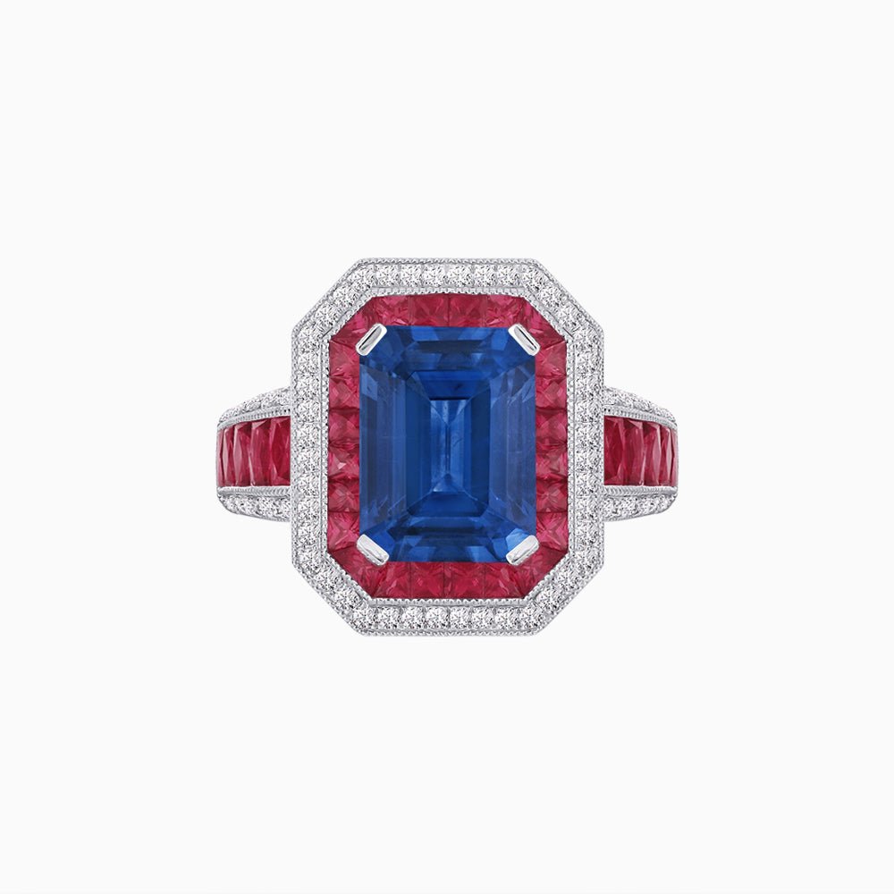 Emerald - Cut Art Deco Style Radiance Mounting Ring with Diamond and Gemstones - Shahin Jewelry