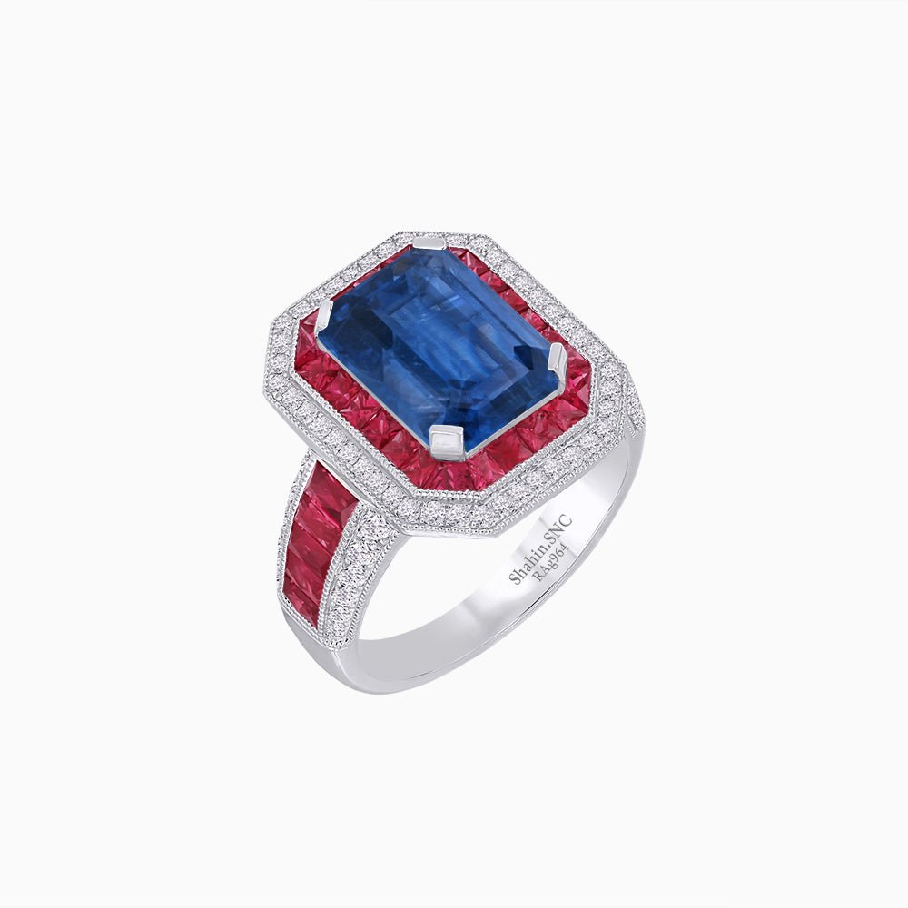 Emerald - Cut Art Deco Style Radiance Mounting Ring with Diamond and Gemstones - Shahin Jewelry