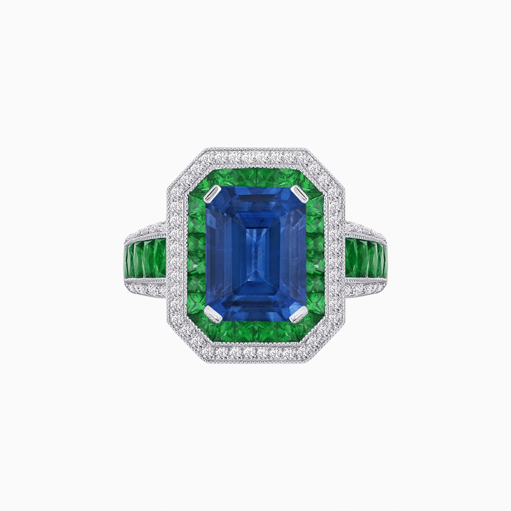 Emerald - Cut Art Deco Style Radiance Mounting Ring with Diamond and Gemstones - Shahin Jewelry