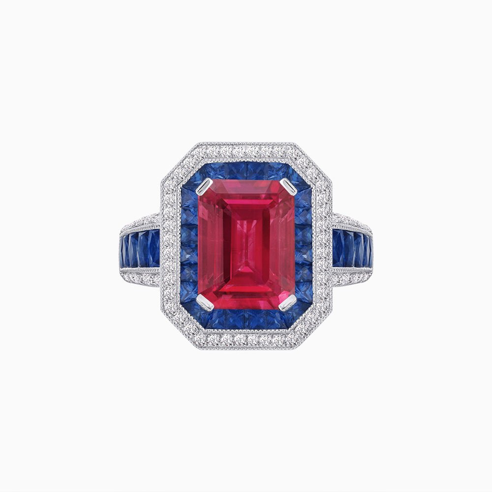 Emerald - Cut Art Deco Style Radiance Mounting Ring with Diamond and Gemstones - Shahin Jewelry