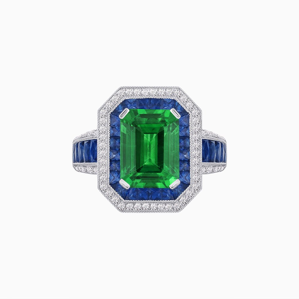 Emerald - Cut Art Deco Style Radiance Mounting Ring with Diamond and Gemstones - Shahin Jewelry