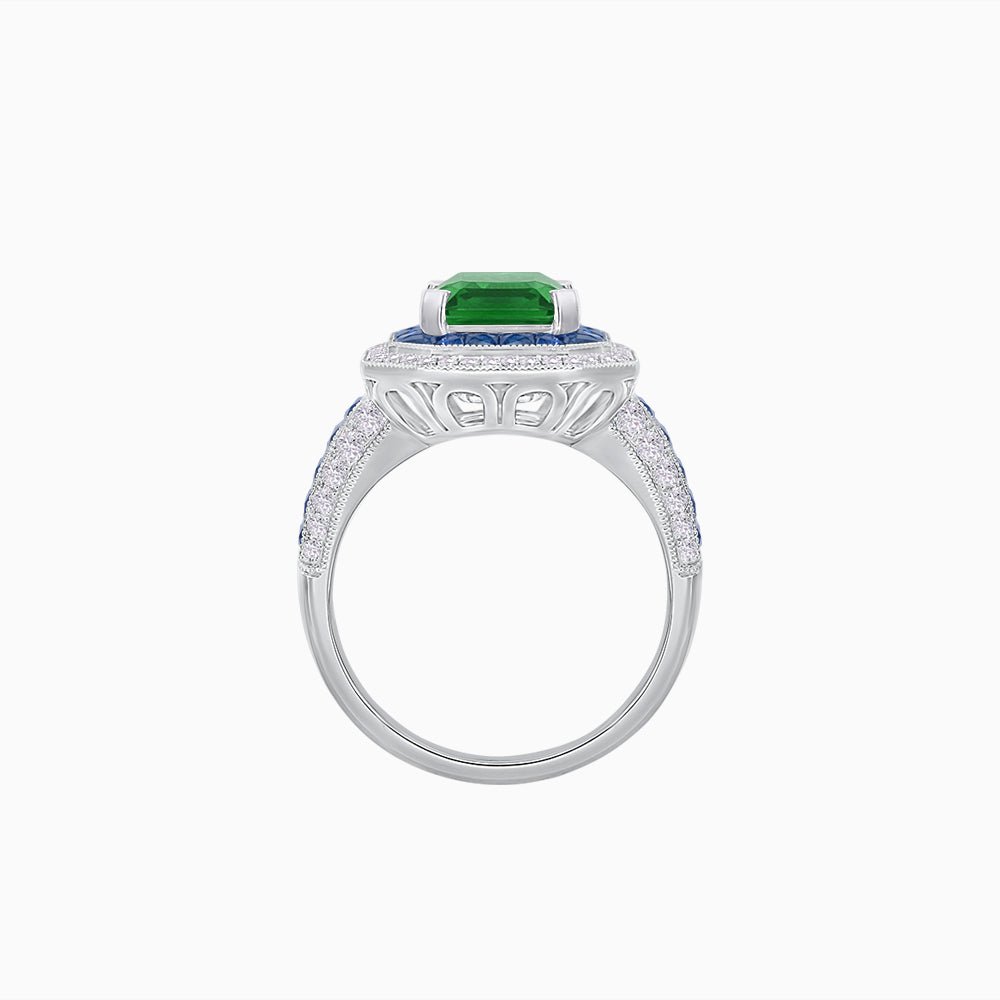 Emerald - Cut Art Deco Style Radiance Mounting Ring with Diamond and Gemstones - Shahin Jewelry
