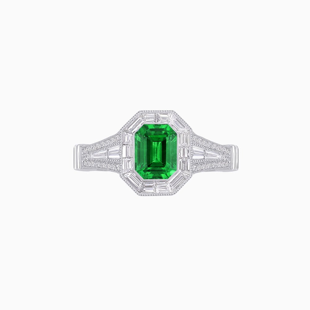 Emerald Cut Halo Mounting Ring with Baguette & Round Diamonds - Shahin Jewelry