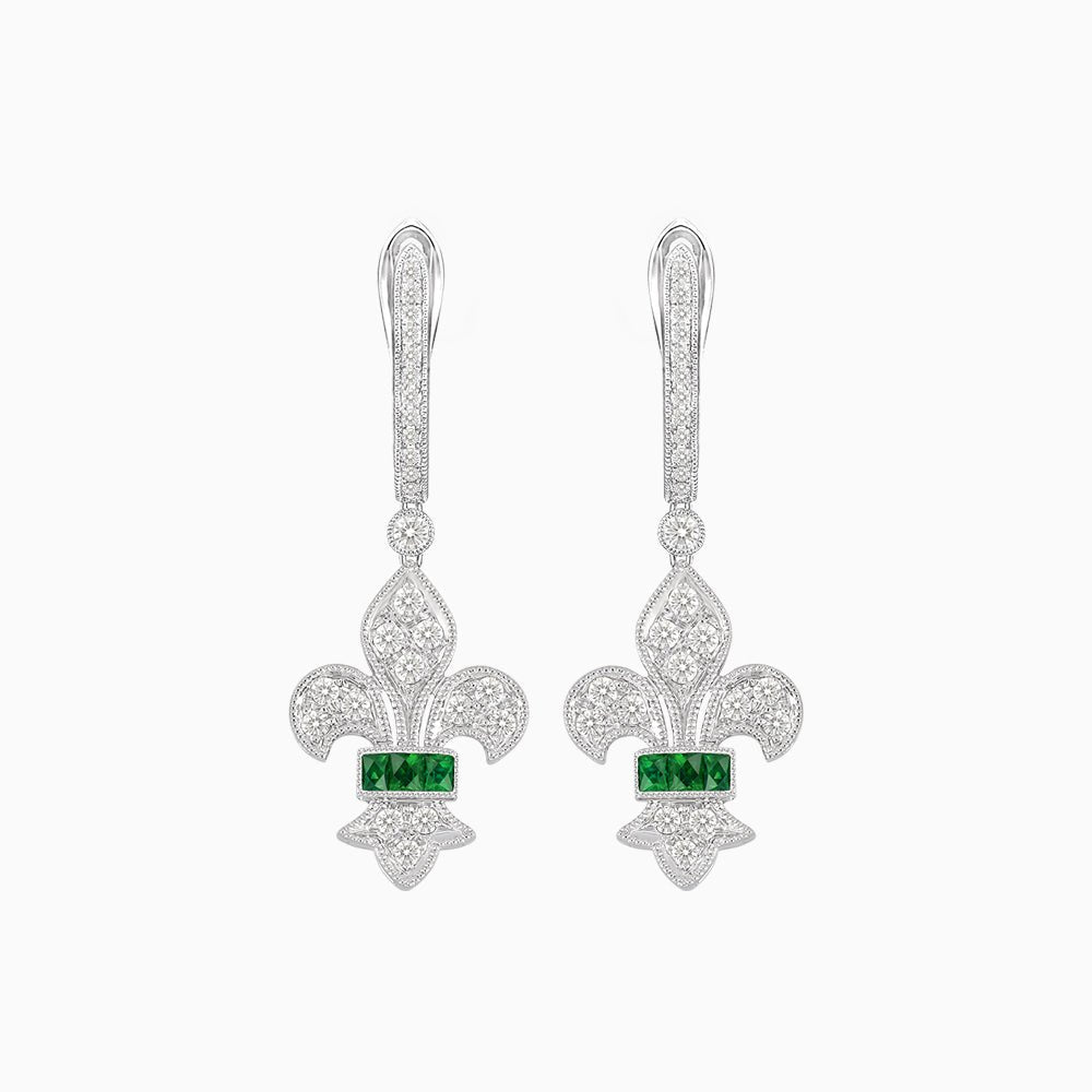 Fleur de Lis Vintage Style Dangle Diamond Earrings - Shahin Jewelry
