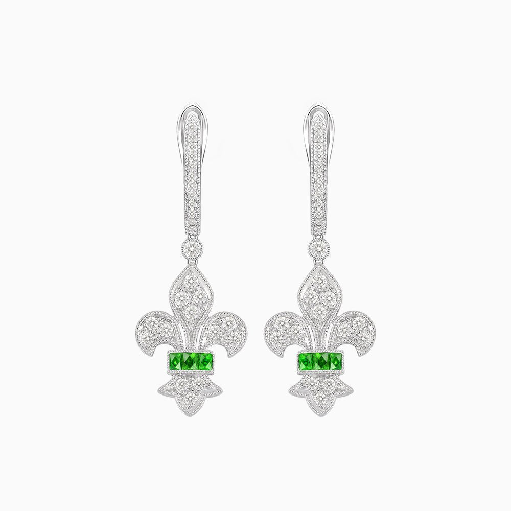 Fleur de Lis Vintage Style Dangle Diamond Earrings - Shahin Jewelry