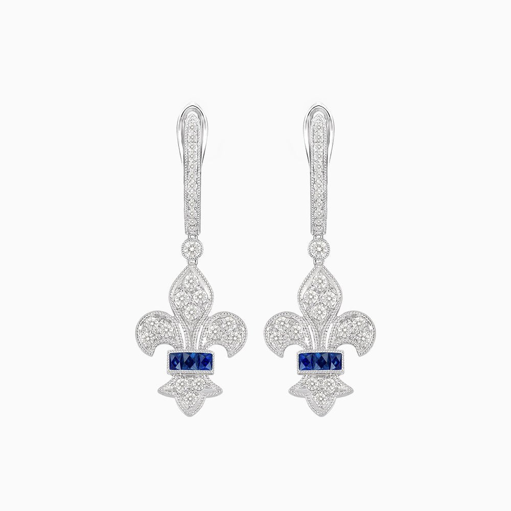 Fleur de Lis Vintage Style Dangle Diamond Earrings - Shahin Jewelry