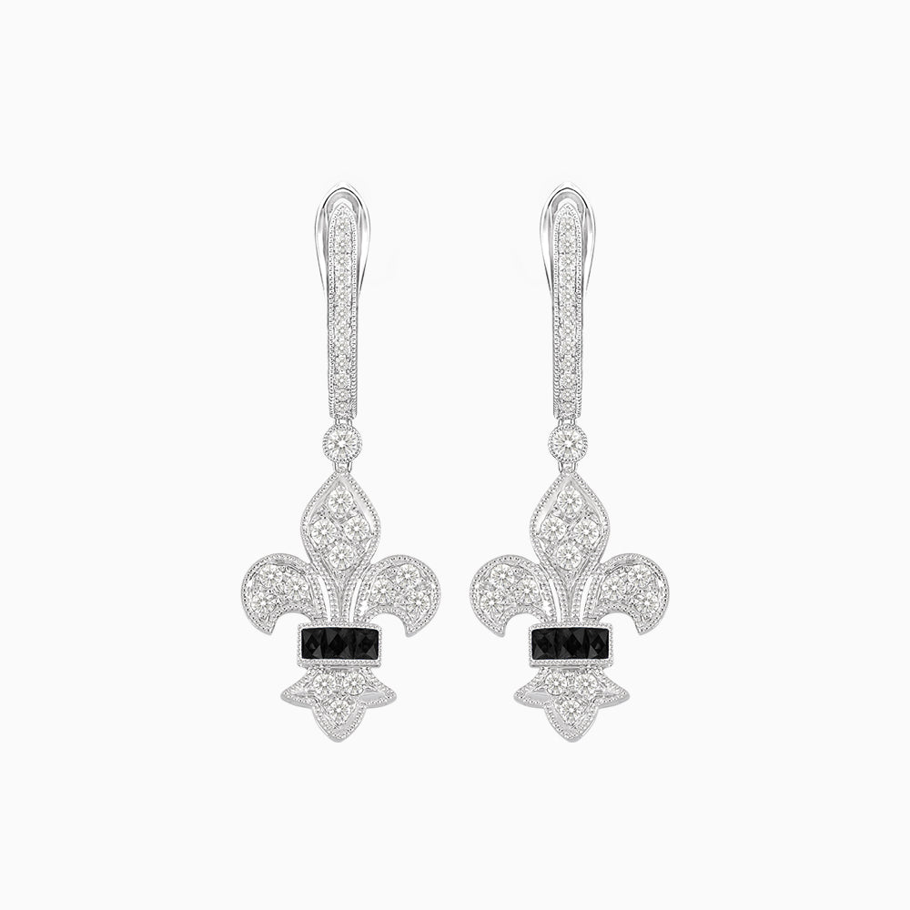 Fleur de Lis Vintage Style Dangle Diamond Earrings - Shahin Jewelry