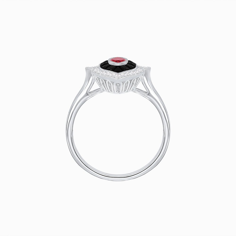 Marquise Shape Art Deco Style Diamond Ring with Ruby and Onyx - Shahin Jewelry