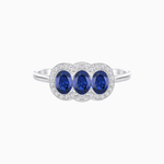 Load image into Gallery viewer, Three-Stone Oval Gemstone Ring with Diamond Halos - Shahin Jewelry