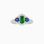 Load image into Gallery viewer, Three-Stone Oval Ring with Pear Shape Side Stones and Diamond Halo - Shahin Jewelry