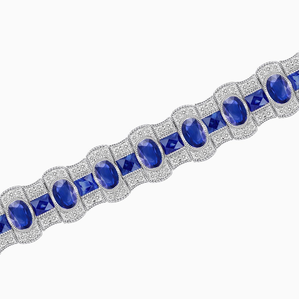 Triple Line Vintage Inspired Oval Blue Sapphire and Diamond Link Bracelet - Shahin Jewelry