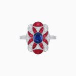 Load image into Gallery viewer, Vintage Floral Ring Mounting with Oval Center Stone, Calibre-Cut Gemstone Accents and Diamond Details - Shahin Jewelry