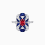 Load image into Gallery viewer, Vintage Floral Ring Mounting with Oval Center Stone, Calibre-Cut Gemstone Accents and Diamond Details - Shahin Jewelry