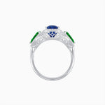 Load image into Gallery viewer, Vintage Inspired Cushion Cut Three-Stone Halo Ring with Pear-Shaped Side Stones - Shahin Jewelry
