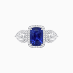 Load image into Gallery viewer, Vintage Inspired Cushion Cut Three-Stone Halo Ring with Pear-Shaped Side Stones - Shahin Jewelry
