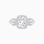 Load image into Gallery viewer, Vintage Inspired Cushion Cut Three-Stone Halo Ring with Pear-Shaped Side Stones - Shahin Jewelry