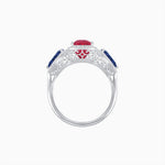 Load image into Gallery viewer, Vintage Inspired Cushion Cut Three-Stone Halo Ring with Pear-Shaped Side Stones - Shahin Jewelry