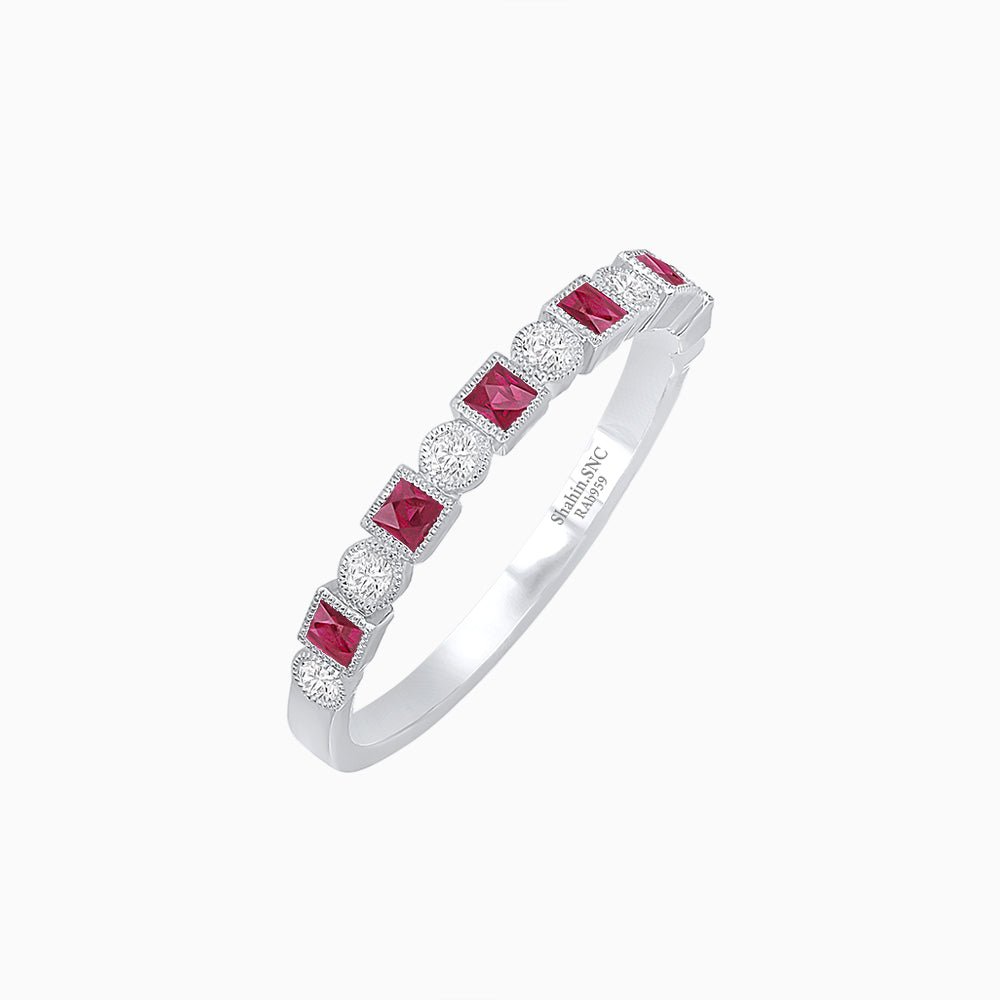 Vintage Inspired Diamond and Spinel Stackable Half Band - 14k Wight Gold - Shahin Jewelry