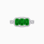 Load image into Gallery viewer, Vintage Inspired Emerald Cut Three-Stone Diamond Halo Ring - Shahin Jewelry