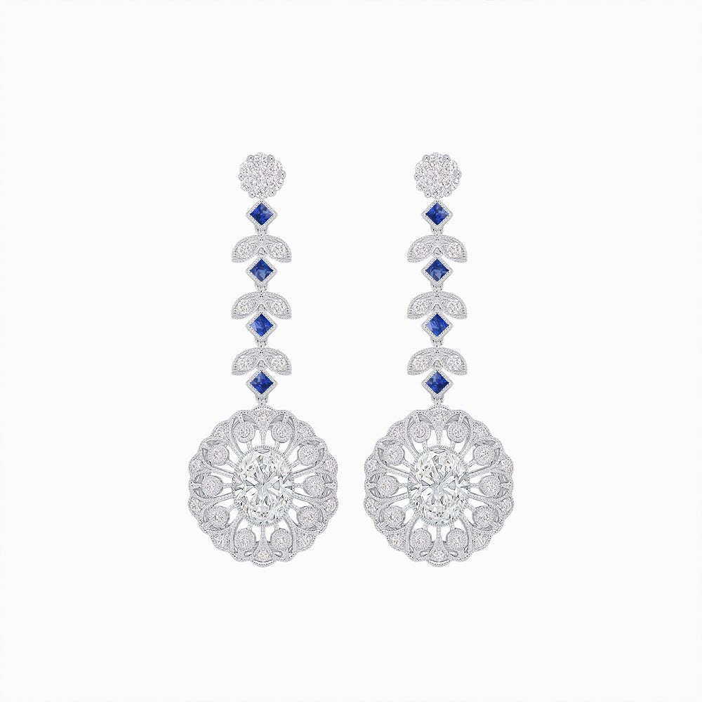 Vintage Inspired Leaf Motif Blue Sapphire Diamond Drop Earrings - Shahin Jewelry