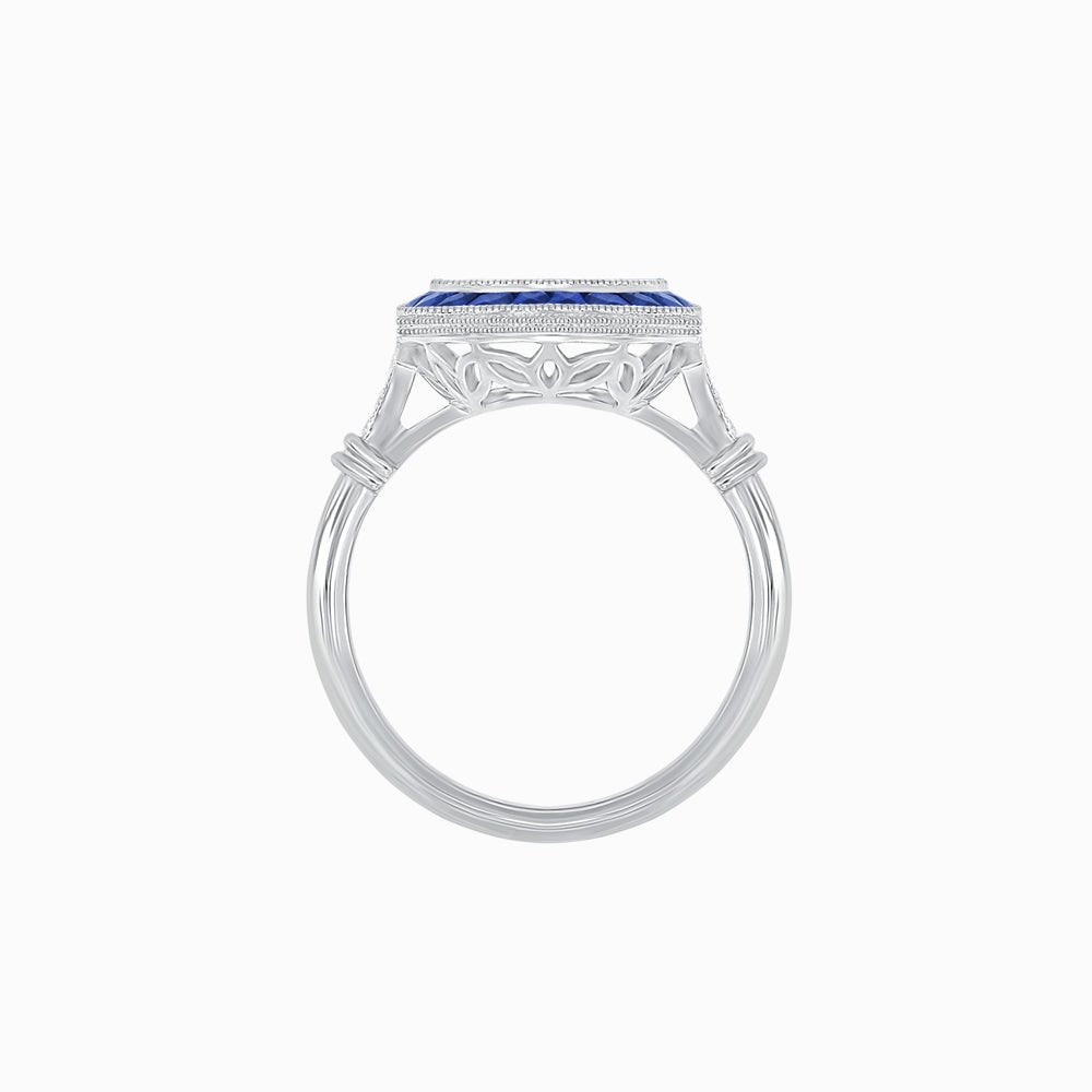 Vintage - Inspired Round Diamond and Blue Sapphire Halo Mounting in 18K White Gold (Mounting) - Shahin Jewelry