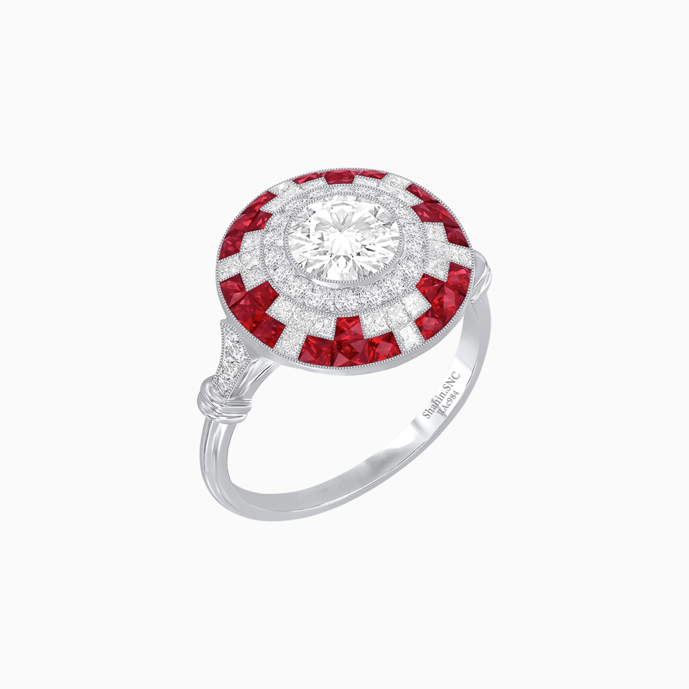 Vintage Inspired Round Diamond and Gemstone Ring - Shahin Jewelry