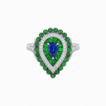 Load image into Gallery viewer, Vintage Inspired Triple Halo Pear-Shaped Ring with Customizable French-Cut and Cabochon Gemstones - Shahin Jewelry