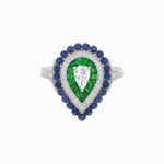 Load image into Gallery viewer, Vintage Inspired Triple Halo Pear - Shaped Ring with Customizable French - Cut and Cabochon Gemstones - Shahin Jewelry