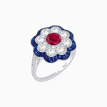 Load image into Gallery viewer, Vintage Style Floral Ring with Round Center Stone, Diamond Halo and French-Cut Gemstone Petals - Shahin Jewelry
