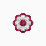 Load image into Gallery viewer, Vintage Style Floral Ring with Round Center Stone, Diamond Halo and French-Cut Gemstone Petals - Shahin Jewelry