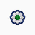 Load image into Gallery viewer, Vintage Style Floral Ring with Round Center Stone, Diamond Halo and French-Cut Gemstone Petals - Shahin Jewelry