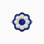 Load image into Gallery viewer, Vintage Style Floral Ring with Round Center Stone, Diamond Halo and French-Cut Gemstone Petals - Shahin Jewelry